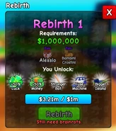 Rebirth 1 requirements: $1,000,000 and specific Brainrots